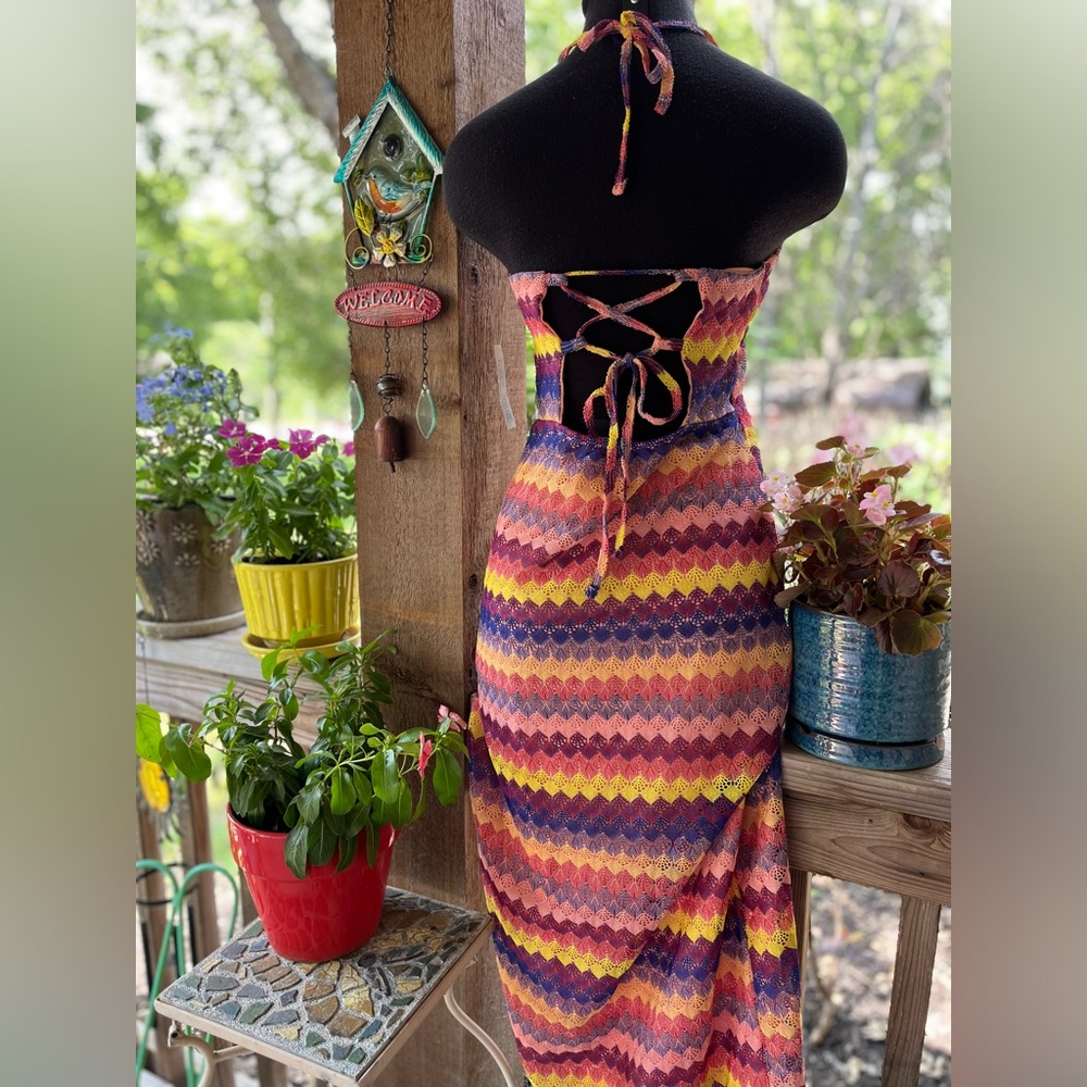 Wild Fable Halter Multi-Color Lace Overlay Strappy Backside Maxi Dress NWT M - Picture 8 of 9